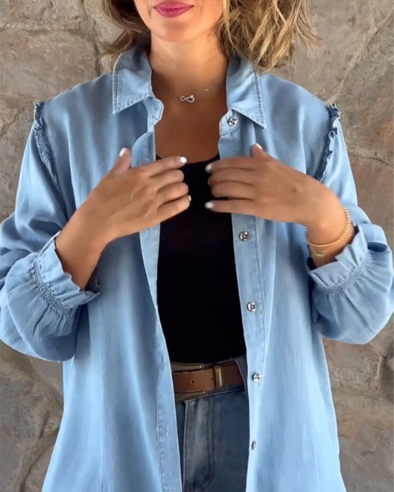 Solid Color Denim Long Sleeve Top