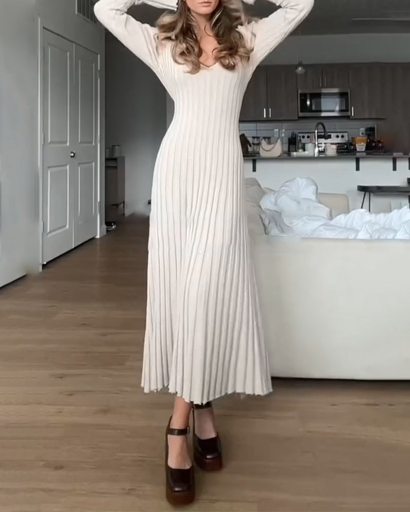 V-neck rib solid color dress