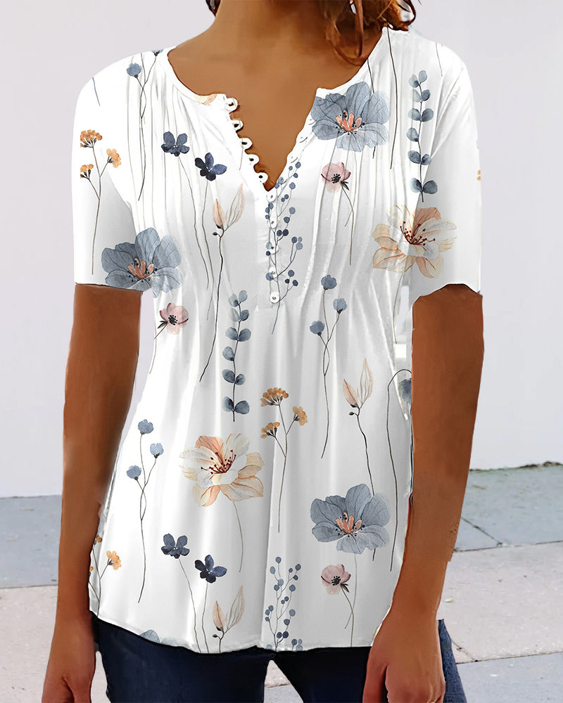 V Neck Button Print Short Sleeve Blouse