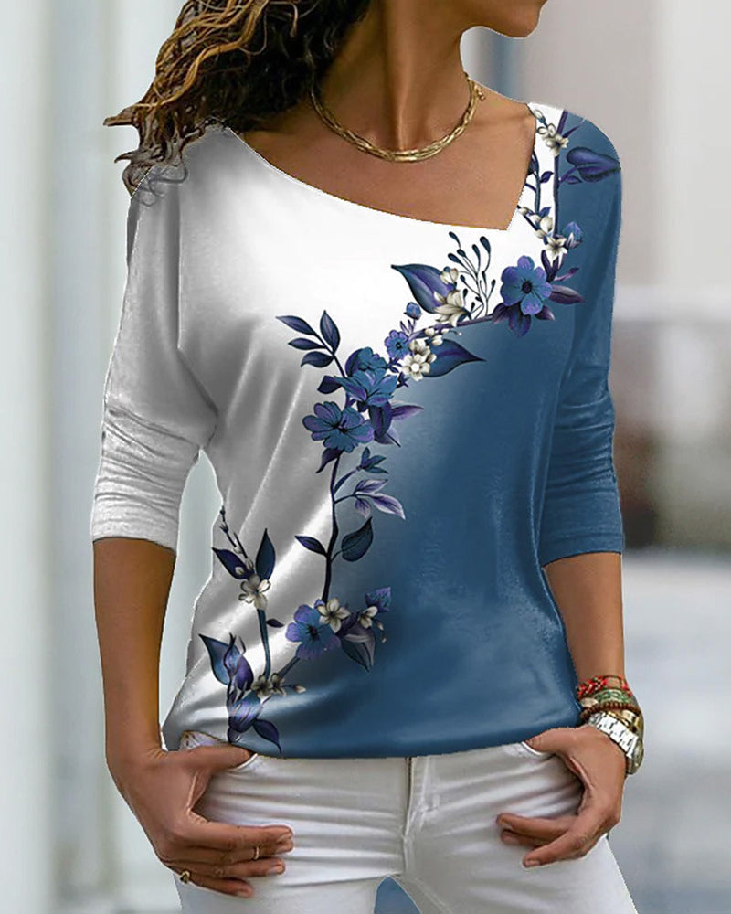 Floral Print V-neck Long Sleeved Top