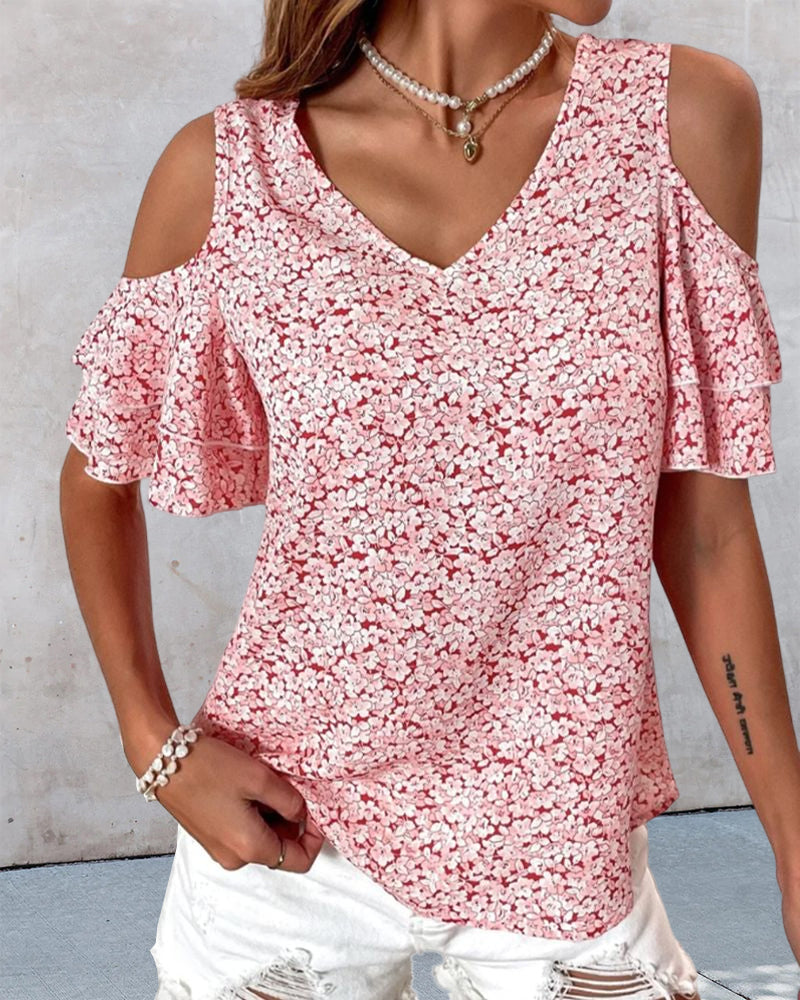 Cold Shoulder Floral Print  T-shirt