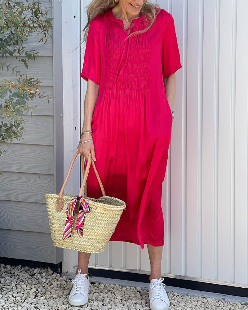 Red Pleated V-Neck Dress