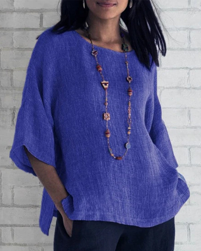 Solid color 3/4 sleeve round neck top