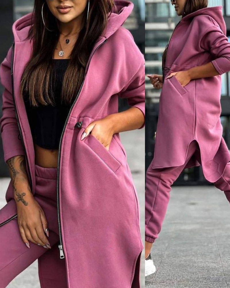 Solid color coat and trousers two-piece set