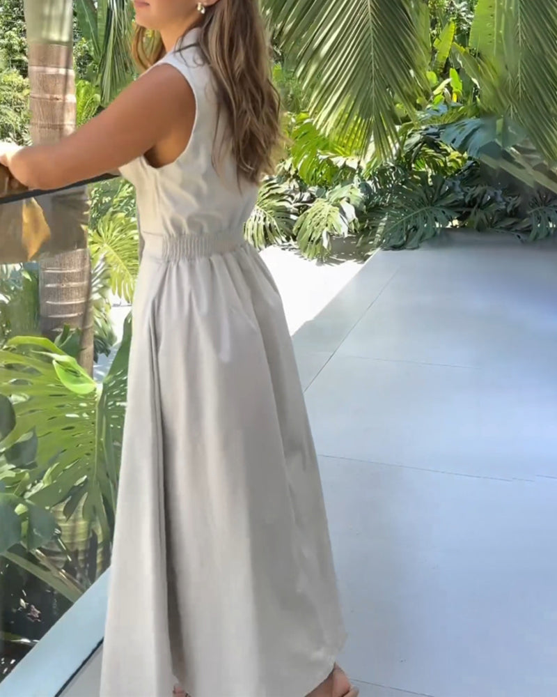 Sleeveless lapel elegant solid color dress