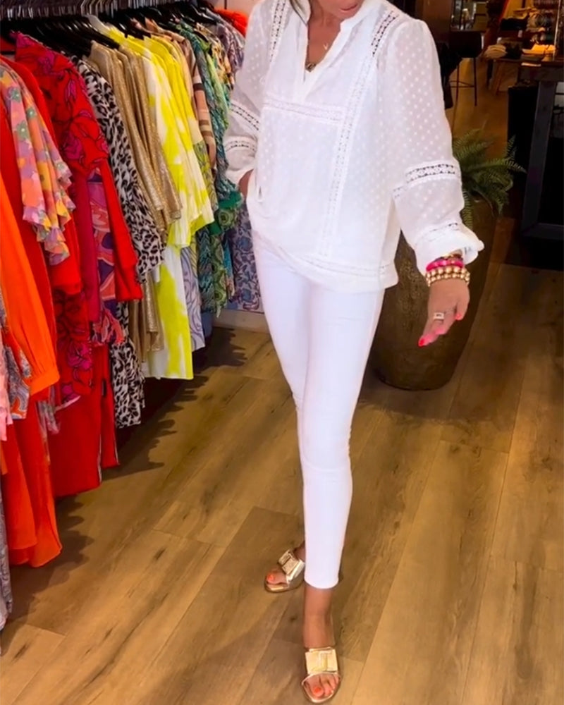 V-neck lace panel long-sleeved top