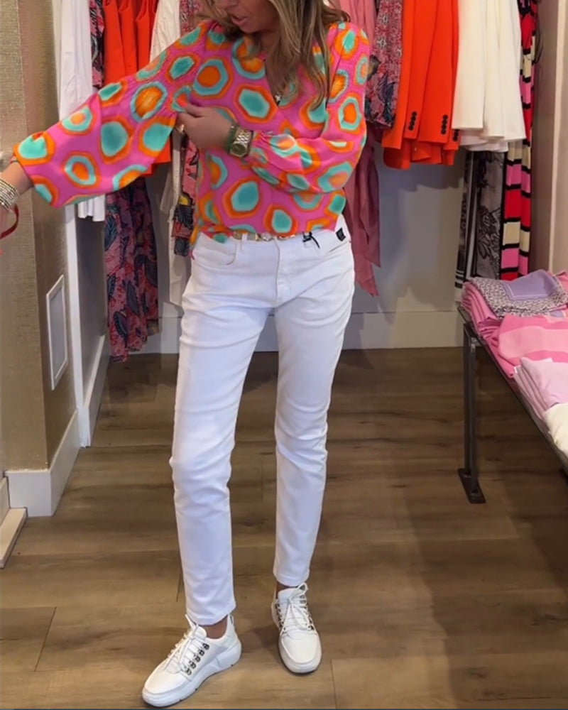 Geometric print long sleeve casual blouse