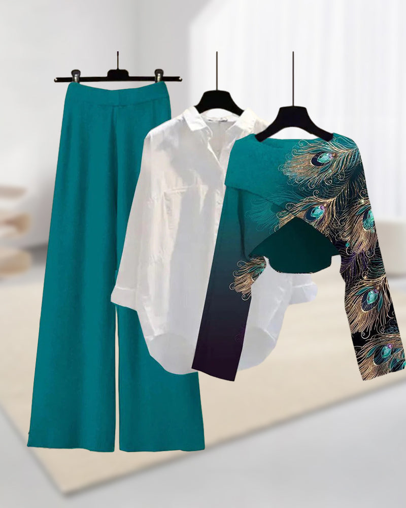 Feather print casual three-piece set