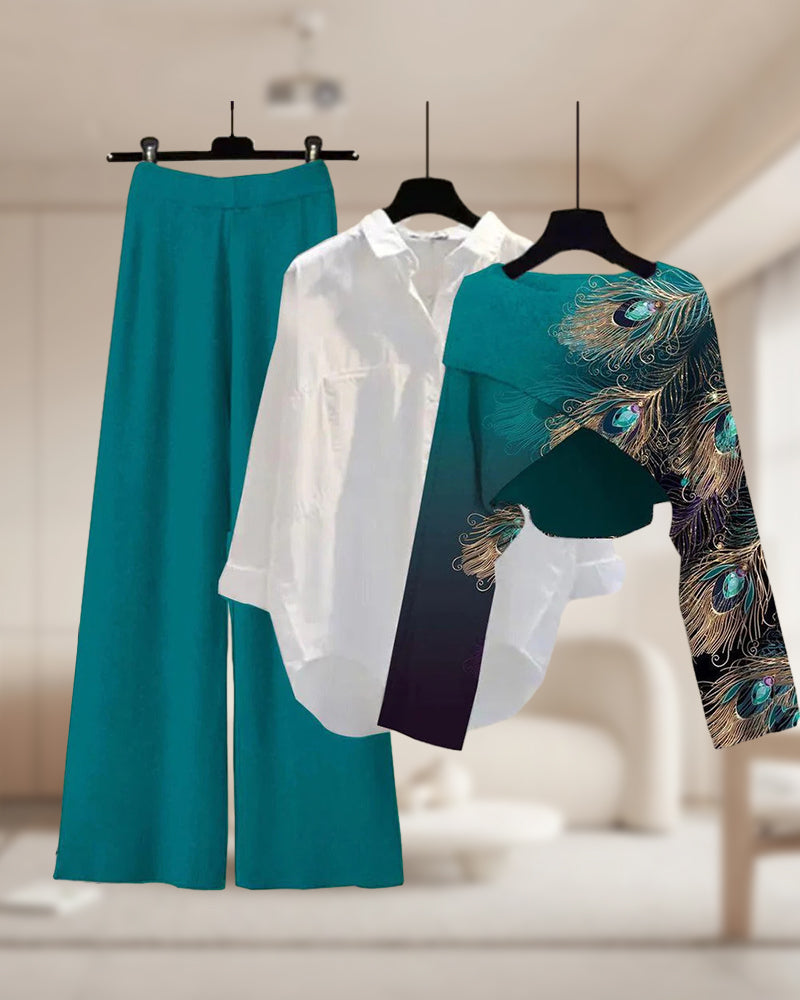 Feather print casual three-piece set