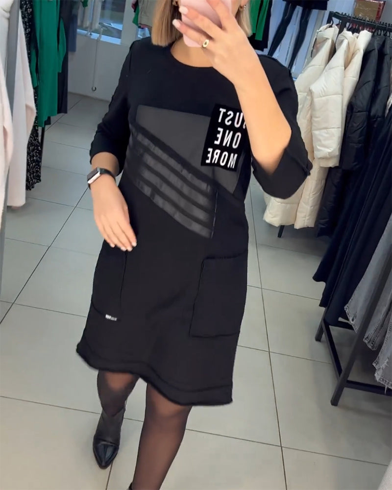 Pocket print Long Sleeve Shift dress