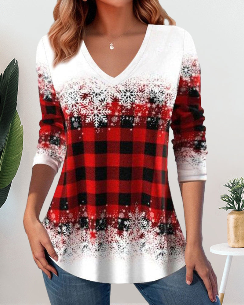 Christmas plaid print v-neck top