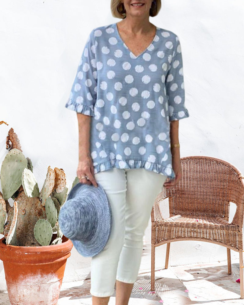 V Neck Polka Dot Print Tops