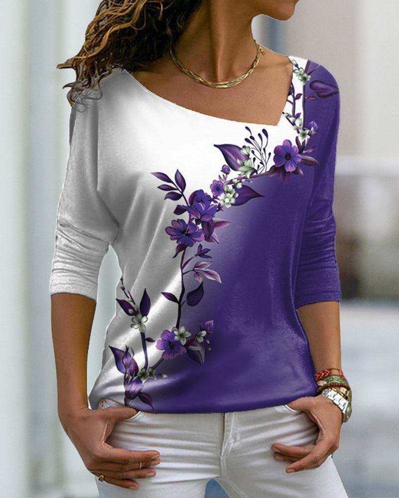 Floral Print V-neck Long Sleeved Top