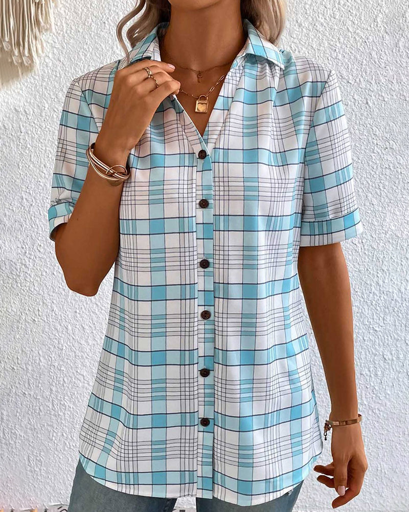 Plaid-print lapel collar blouse