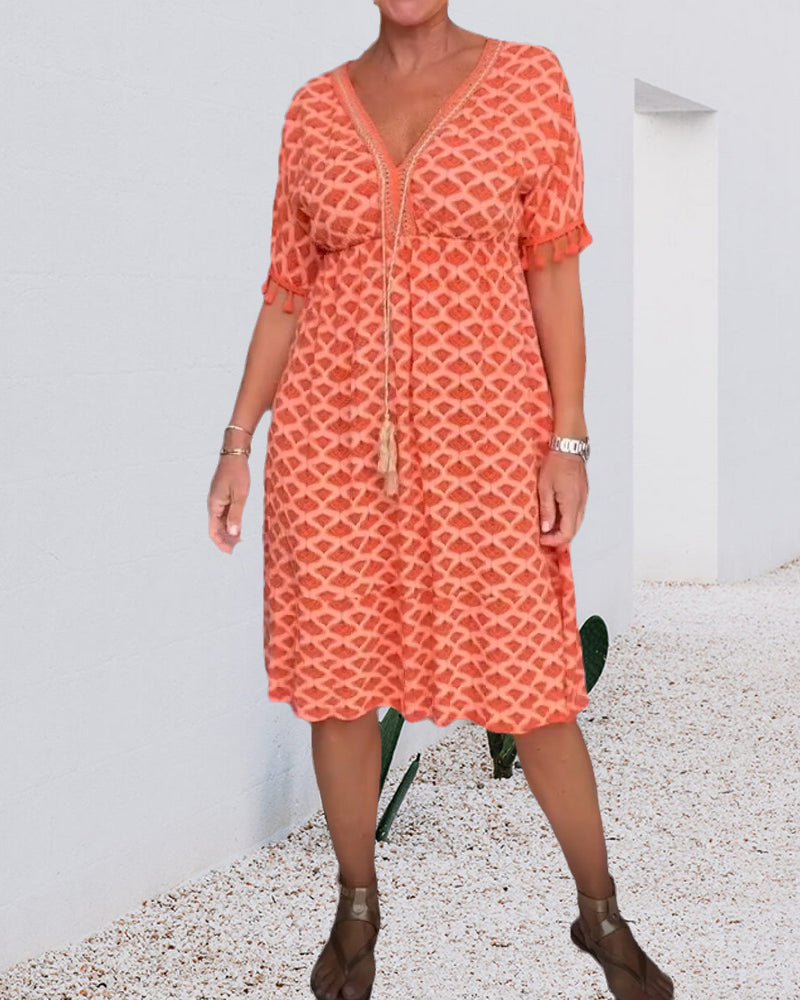 Printed v-neck fringed dress