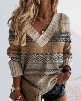 Geometric print V-neck long-sleeve sweater