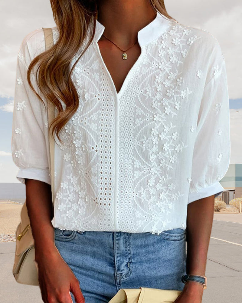 Solid color v-neck short-sleeved blouse