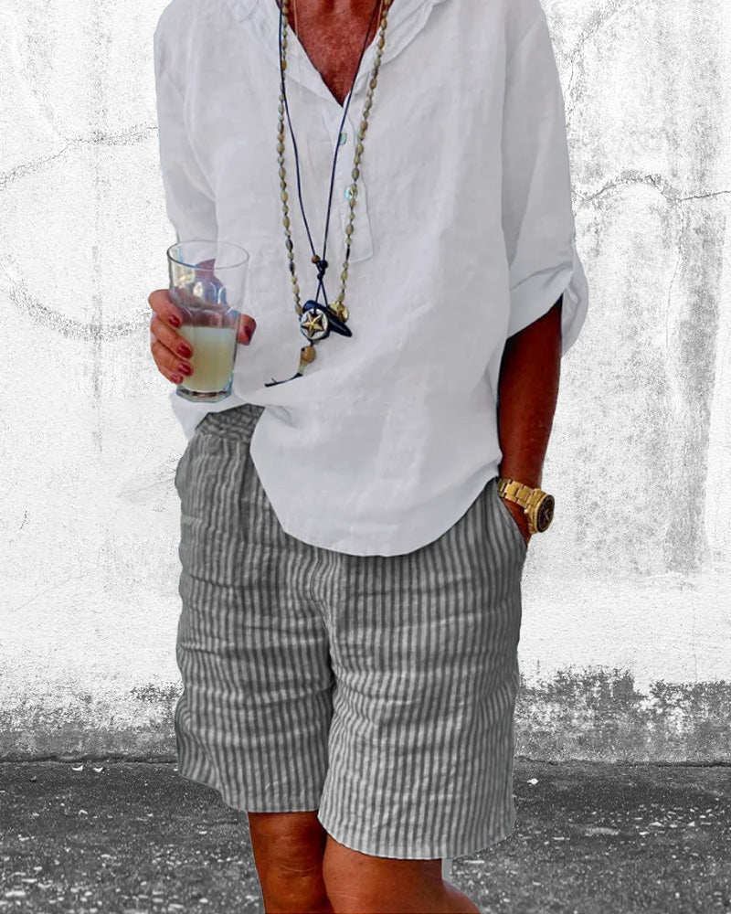 Cotton and linen stripe print shorts