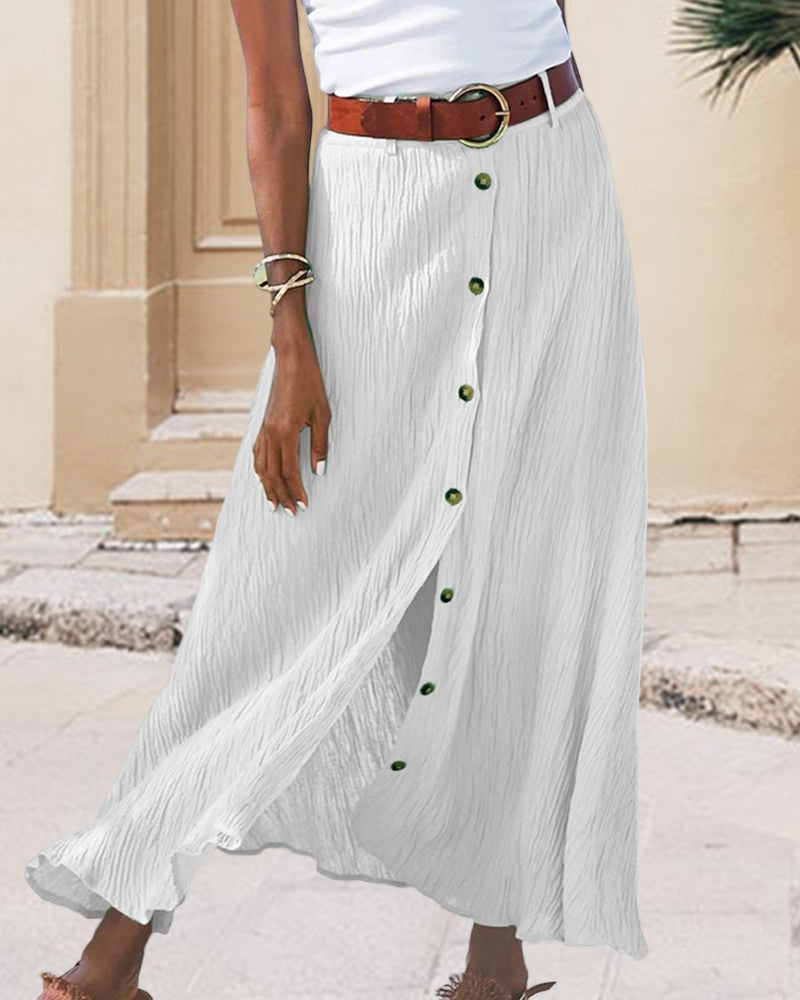 Button Slit Solid Color Long Skirt