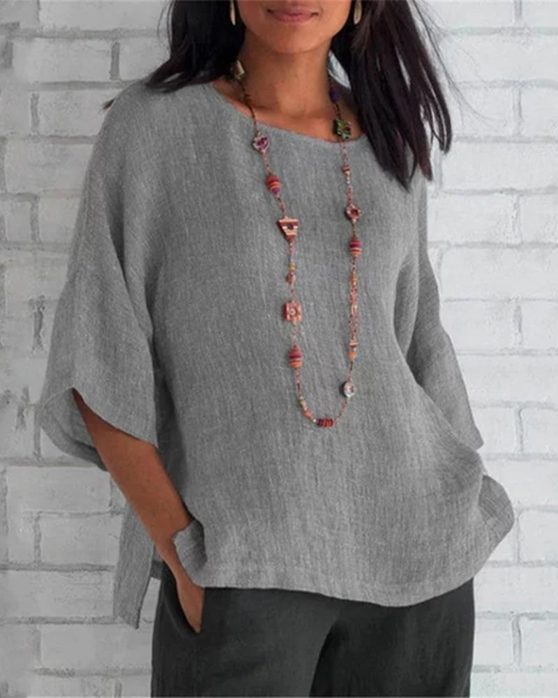 Solid color 3/4 sleeve round neck top