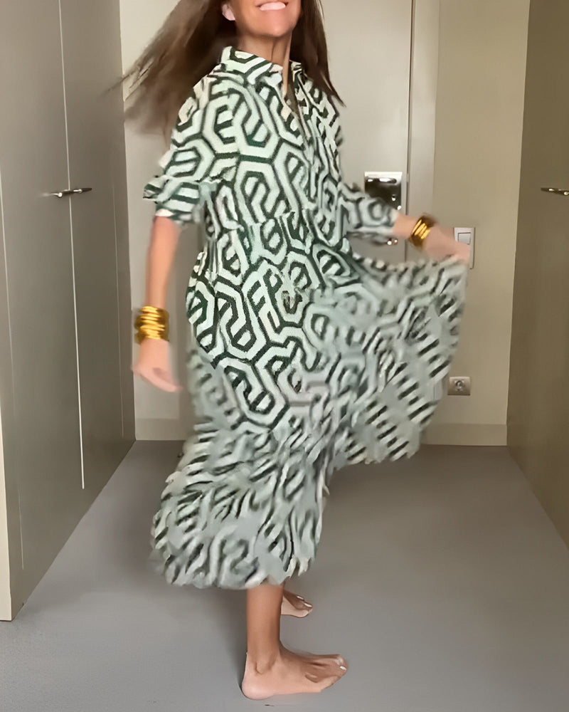 Geometric Print Nine Points Sleeve Dress
