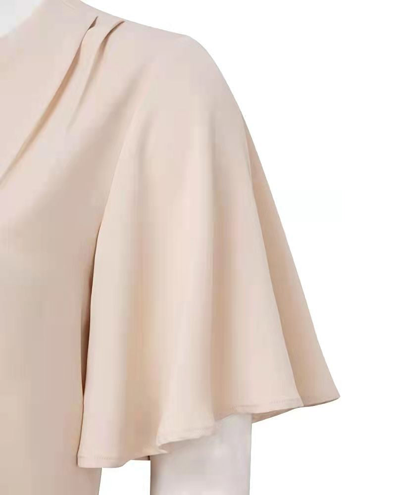 V-neck solid color pleated short-sleeved shirt