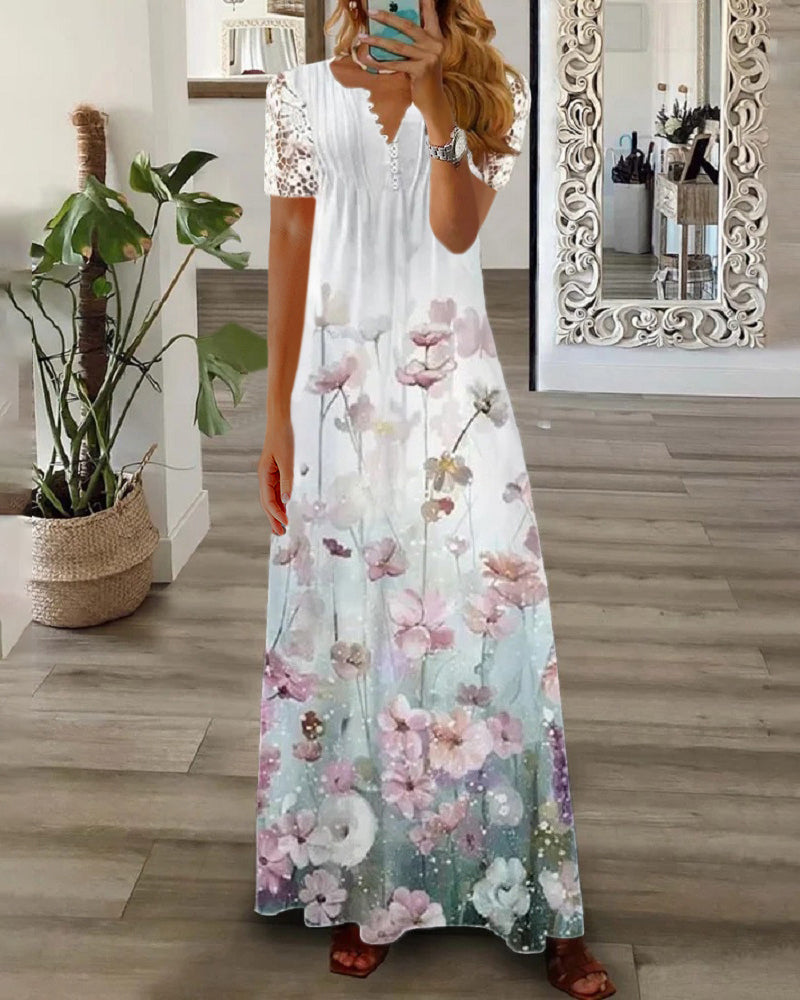 Floral print lace short sleeve long dress