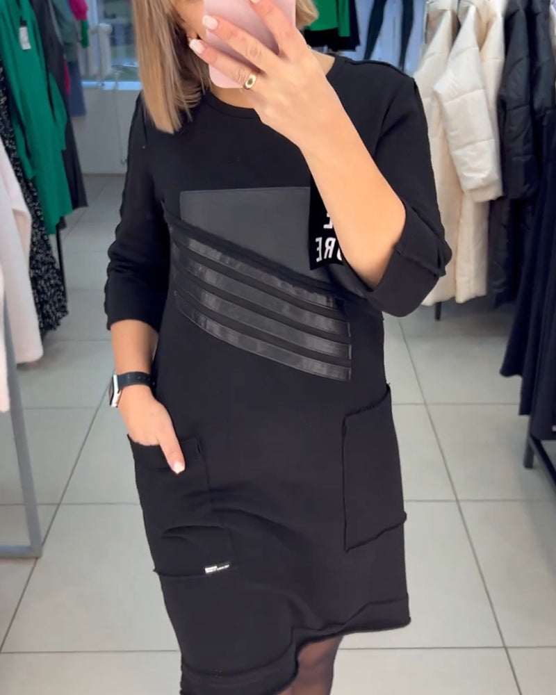 Pocket print Long Sleeve Shift dress