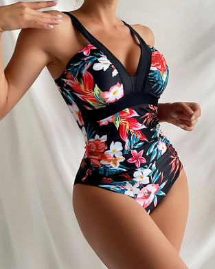 Floral print fashion one piece swimsuit