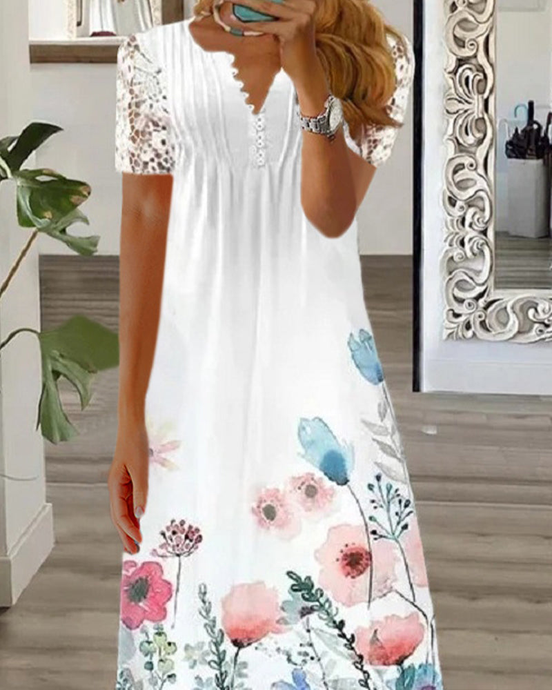 Floral print lace short sleeve long dress