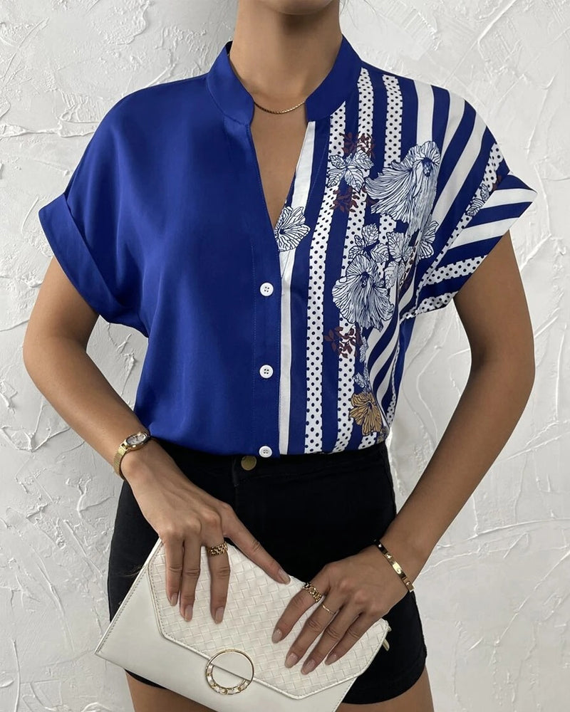 Paneled floral print button short sleeve blouse