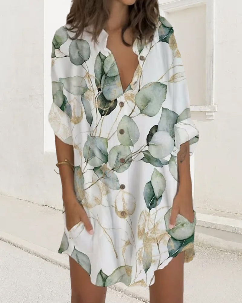 Printed button long sleeve pocket dress