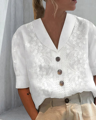 Cotton Linen Lace Blouse with Floral Print