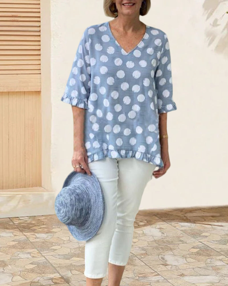 V Neck Polka Dot Print Tops