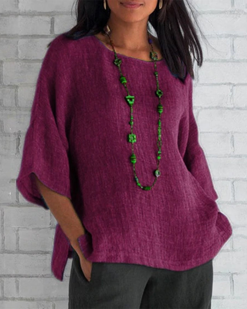 Solid color 3/4 sleeve round neck top