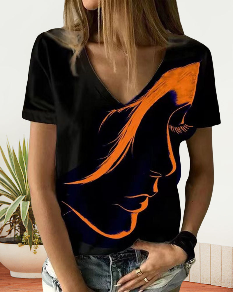V neck T-shirt with Figure Print