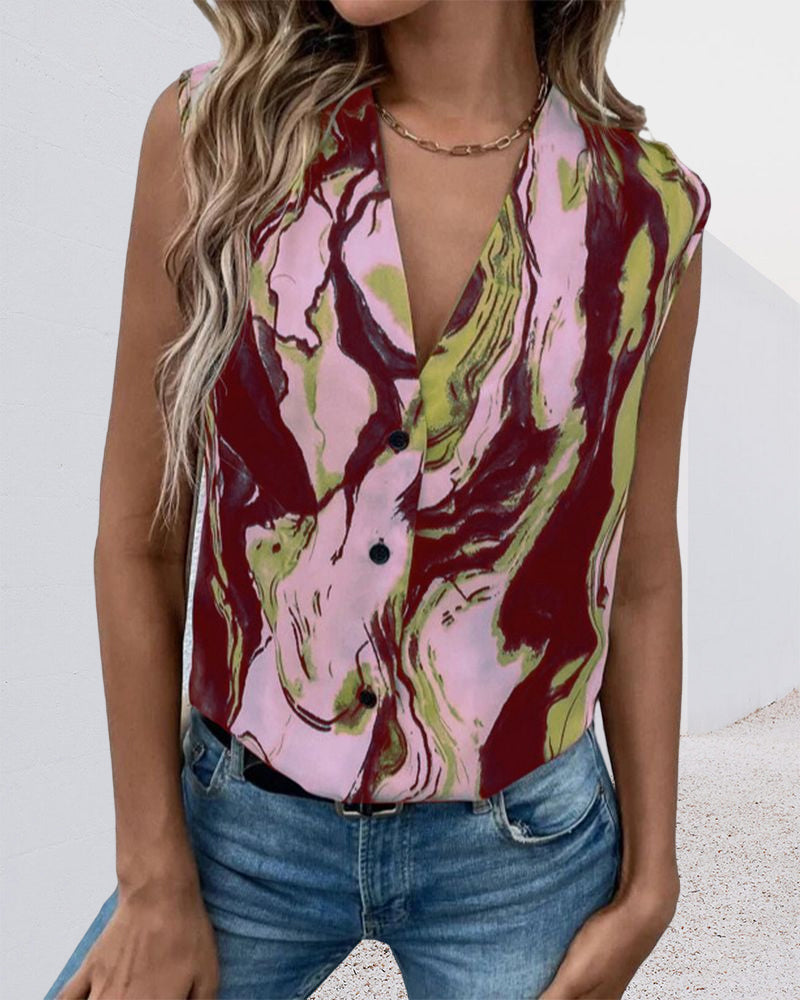 Marble print v neck button top