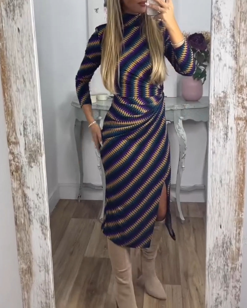 Fashionable Striped High Neck Dress