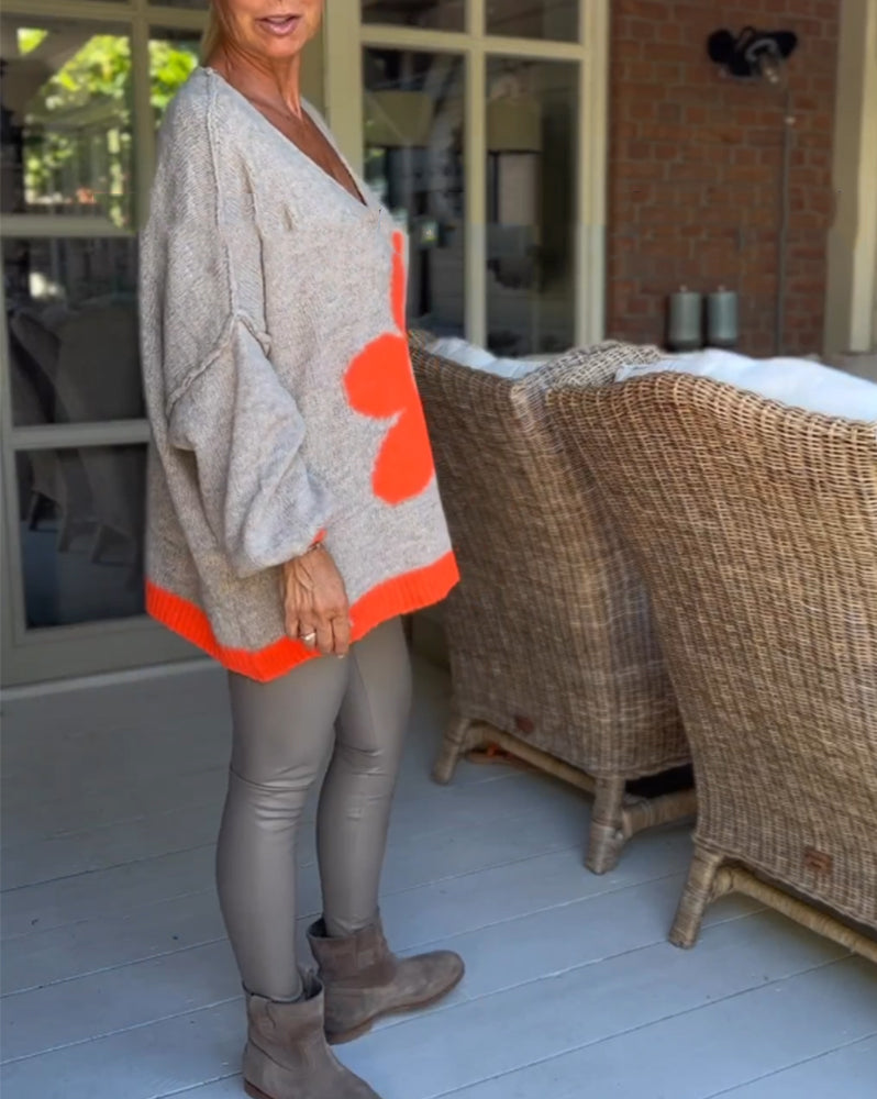 Floral pattern v-neck sweater