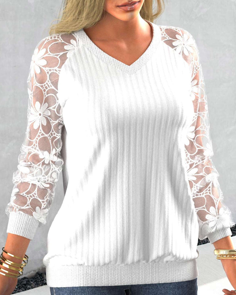 Lace V neck Long Sleeve solid color Sweatshirt