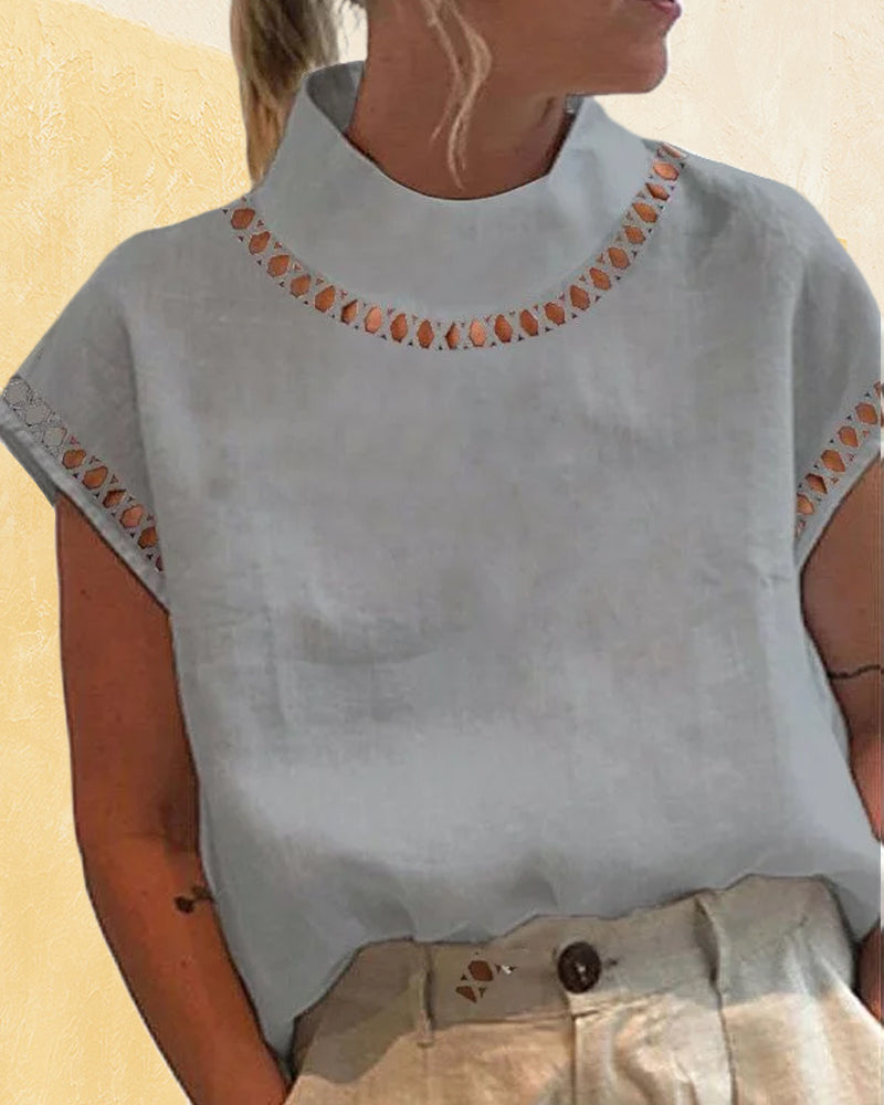 Solid color lace stand collar shirt