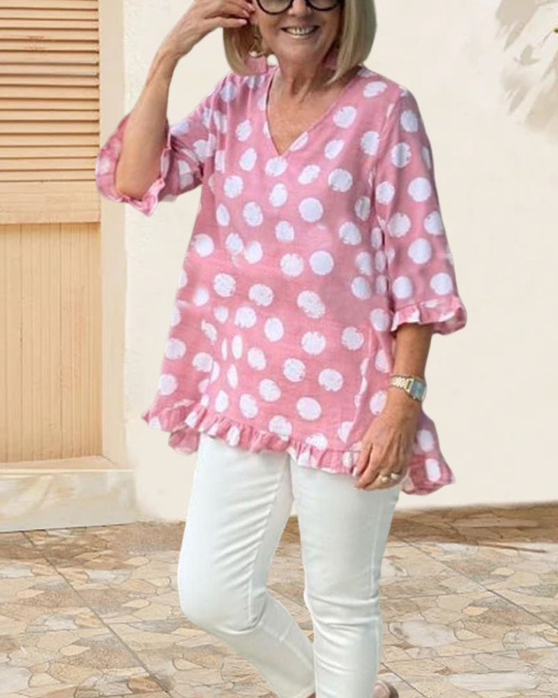 V Neck Polka Dot Print Tops