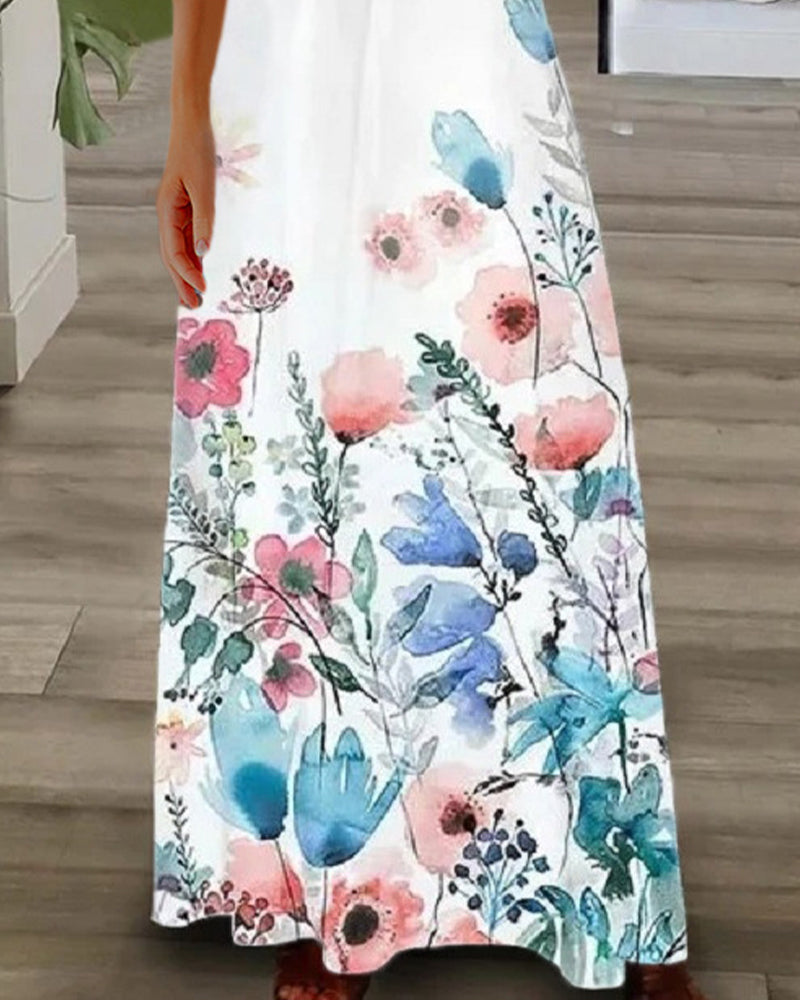 Floral print lace short sleeve long dress