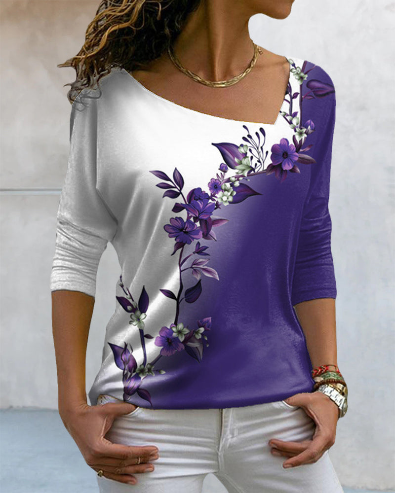 Floral Print V-neck Long Sleeved Top