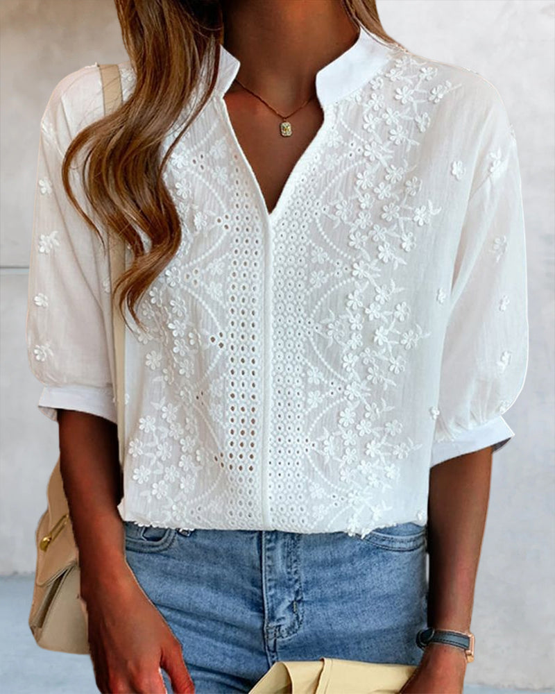 Solid color v-neck short-sleeved blouse