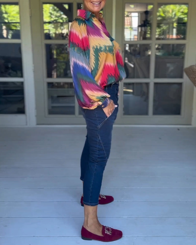 Multicolor Lapel Neck Long Sleeve Top