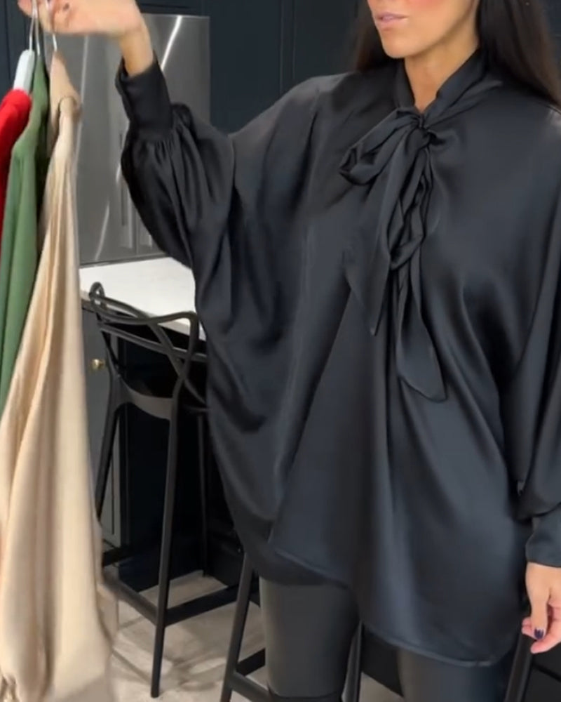 Ribbon collar solid color and elegant blouse