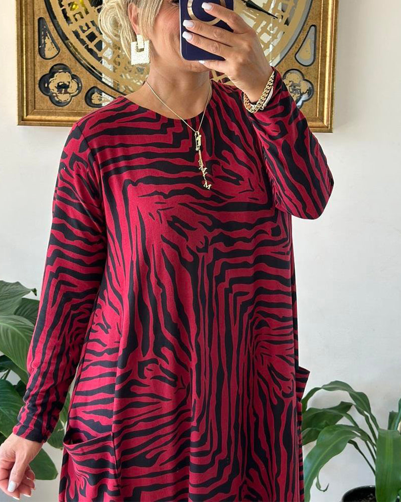 Fashion Loose Print Pocket Shift Dress