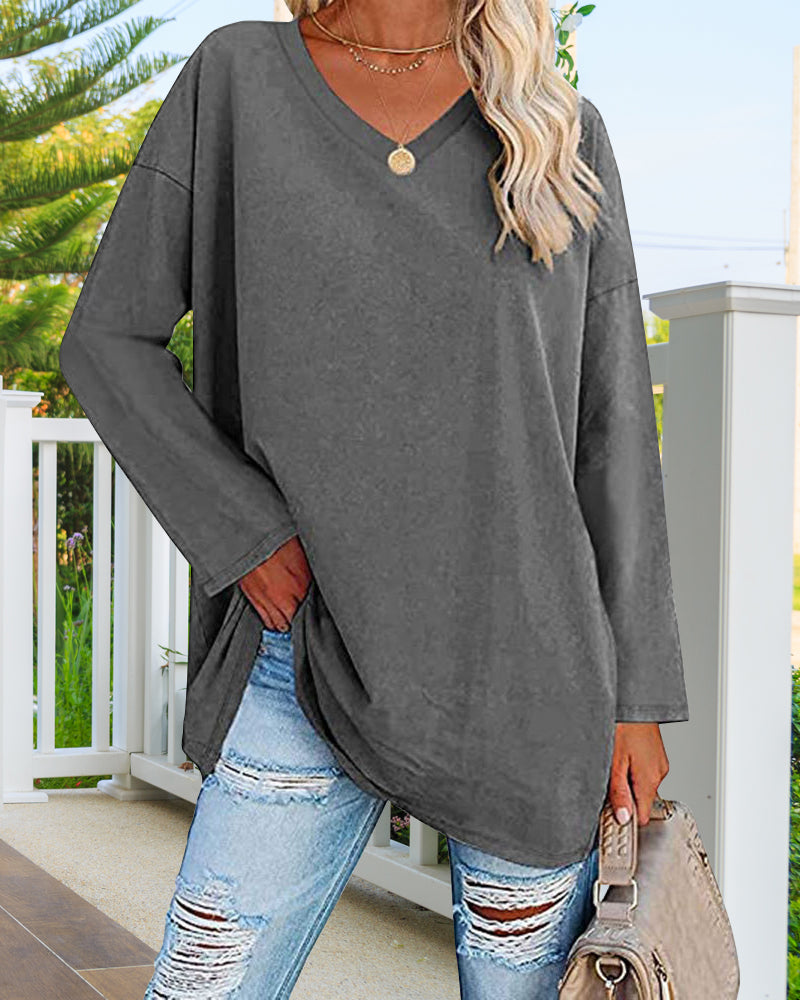 Plain v-neck long-sleeved women's t-shirt