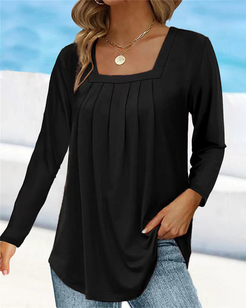 Square neck pleated long sleeve top